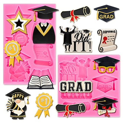 Whaline 2Pcs Congrats 2026 Graduation Fondant Molds Grad Theme 3D Silicone Moulds Bachelors Cap Scroll Resin Molds Graduation Uniform Cupcake Cookie Baking Moulds for 2026 Graduation Party DIY Candy - style: Graduation