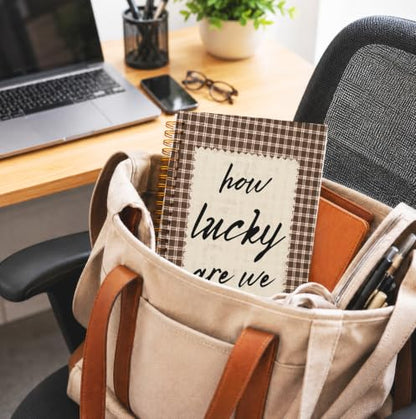 Positive Affirmation Spiral Notebook Journal for Women Girls, Trendy Retro Inspirational How Lucky are We Retro Brown Gingham Hardcover Spiral Journal 5.5x8.3 Inch - color: How Lucky Are We