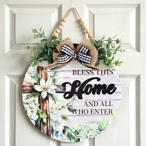 AceOrbit Welcome Sign for Front Door Rustic Wood Wall Hanging Outdoor Decor Christian Cross Fence Decorations Hanging Gift for All Seasons Holiday Bless This Home and All Who Enter