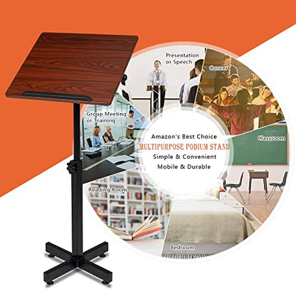 Bonnlo Classic Lectern Podium Stand, Height Adjustable Church Classroom Lecture, Portable Presentation Concert Podium, Multi-Function Reading or Laptop Desk with Edge Stopper, Brown (Brown) - color: Brown