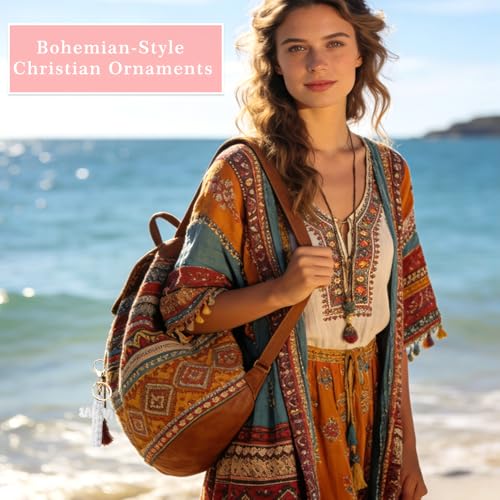Knit Cross keychain Christian Gifts for Women Men Religious Gifts Bohe Backpack Charms Christian Keychain - color: White