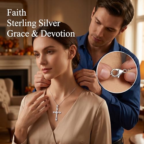Cross Necklace for Women,925 Sterling Silver Faith Jewerly Gift - color: 04-April-White Diamond