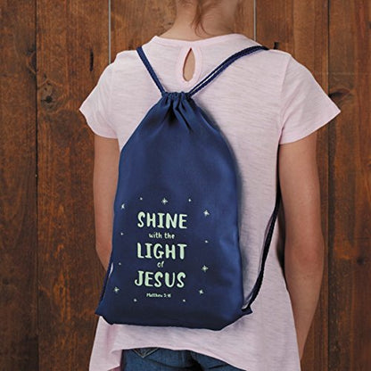Shine With the Light of Jesus Glow-in-the-Dark Blue Drawstring Bag, 10 Inch x 15 Inch