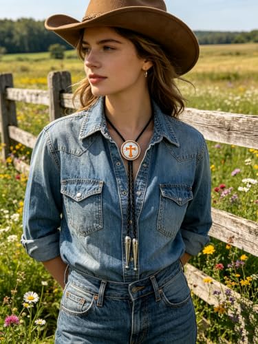 Fashionable Cross Bolo Tie Multi-Color Cross Shield Necktie - color: Orange