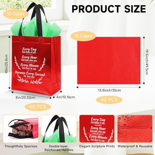 LUAVIARU 80 Pcs Bible Verse Christian Gift Bags Set – 40 Red Reusable Gift Bag with Handles & 40 Tissue Paper, Religious Gift Bag for Church Events, Baptism, Easter, Communion, Congratulations - color: Red, size: 40