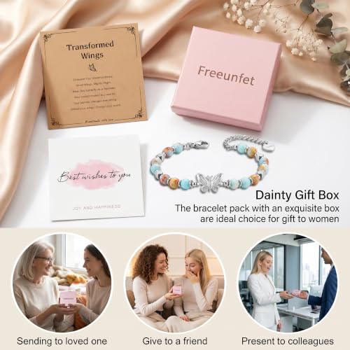 Bracelet for Women Natural Stone Beaded, Stainless Steel Charms, Adjustable - color: 4-Butterfly