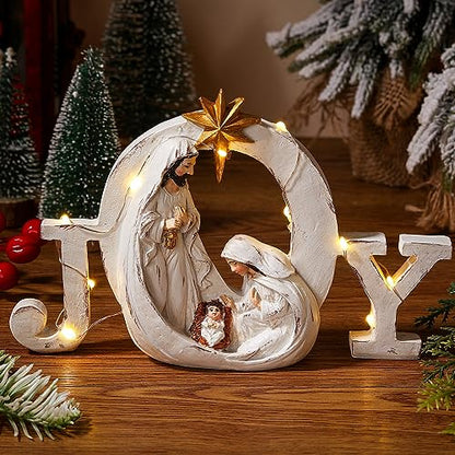 Soaoo Christmas Nativity Scene with LED String Lights Nativity Figure Set Holy Family Manger Christmas Decoration Light up Decor for Indoor Tabletop Mantle Fireplace(Joy)