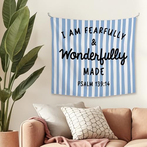 JMENGSSFL Christian Inspirational Tapestry, Bible Verse Tapestry Wall Hanging, Blue Striped I Am Fearfully and Wonderfully Made Wall Decor Hanging Tapestries for Home Bedroom Living Room, 50x60 Inch - color: color11