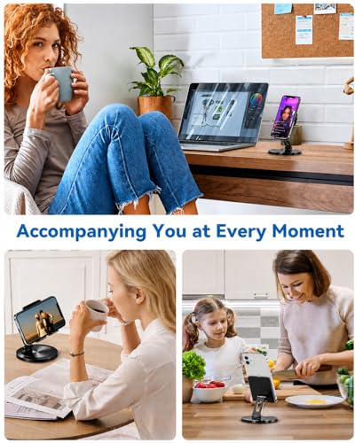 Phone Stand for Desk, 360° Rotating Dual Adjustable Foldable Cell Phone Holder, Heavy Solid All-Aluminum Base Anti-Slip Stable Support for Home Office Study, Fits iPhone Galaxy 4-8" Phones - color: Black