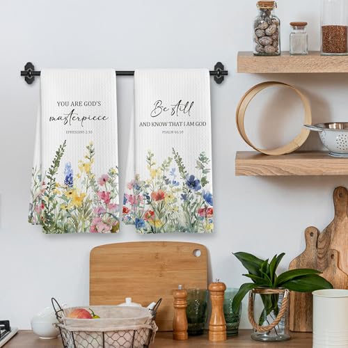 Christian Tea Towel Gifts, Wildflower Bible Verse Scripture Decor Dish Hand Towels for Bathroom Kitchen, Christian Vintage Floral Decorative Kitchen Towels and Dishcloths Sets of 2, 16x24Inch - color: Masterpiece Be Still