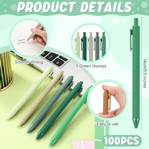 100 Pcs Ballpoint Gel Pens Bulk Retractable, Green Series - style: Green Series