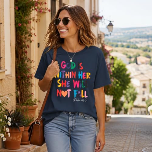 Sulayesh Christian Shirts for Women Jesus God is Within Her Tshirt Faith Inspirational Bible Verse Religious Graphic Tee Tops - color: Navy Blue, size: X-Large