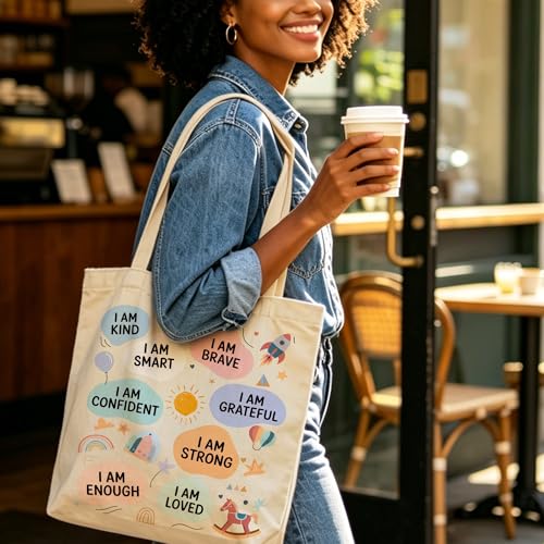 Motivation Canvas Tote Bag for Women Shopping Work Travel with Inner Pocket - color: Beige 08