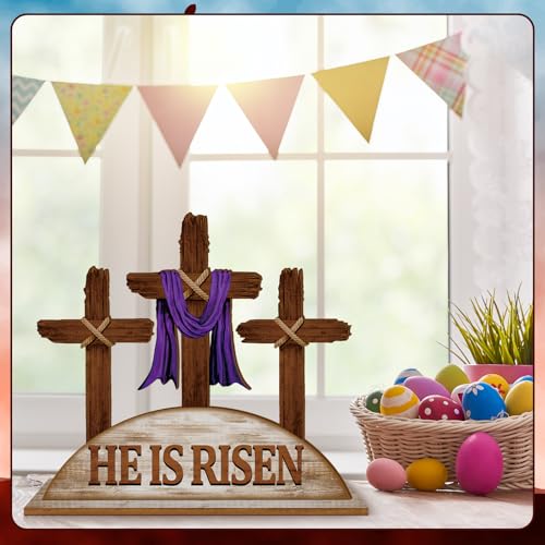 Beeveer Empty Tomb Easter Scene and Cross Decoration He Is Risen Decor Religious Wooden Tabletop Signs Christian Table Centerpiece for Easter Birthday Rustic Farmhouse Home Spring Decor(Classic Style) - style: Classic Style