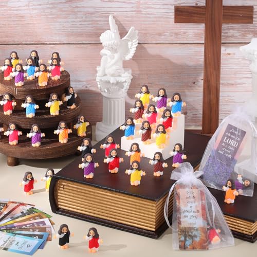 Barydat 100 Sets Mini Jesus Figurines Bulk Easter Gift Little Jesus Figures Tiny Toys Christ Savior Doll with Cards Bags for Religious Party Favors Sunday School Baptism Gift(Nature Style) - style: Nature Style