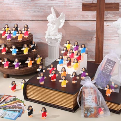 Barydat 100 Sets Mini Jesus Figurines Bulk Easter Gift Little Jesus Figures Tiny Toys Christ Savior Doll with Cards Bags for Religious Party Favors Sunday School Baptism Gift(Nature Style) - style: Nature Style
