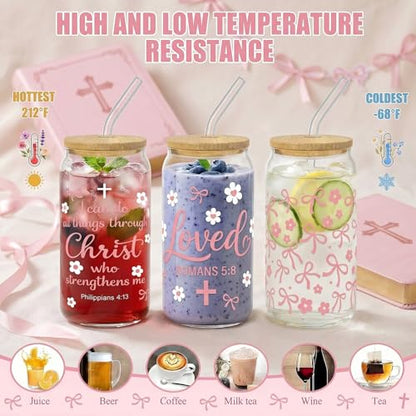 Glass Cups with Lids and Straws, 4Pack, 16oz, Pink Bow Pink - color: Christian Pink Ribbon