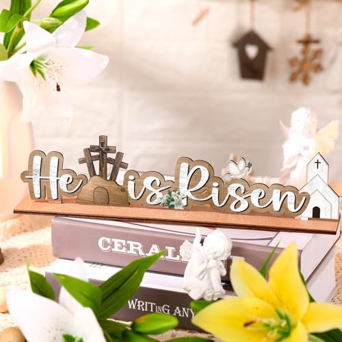 Vercraft Easter Decorations He Is Risen Wooden Sign Religious Table Centerpiece Christian Farmhouse Tabletop Sign for Tiered Tray Decor Fireplace Mantel Room Birthday Spring, 2.2 x 9.7 Inch(Classic) - style: Classic