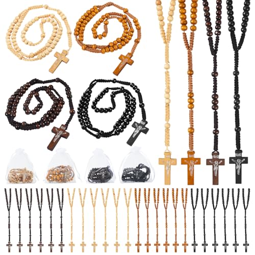 100 Set Wooden Rosaries Bulk Wood Catholic Rosary Beads for Men Women with Jesus Holy Cross First Communion Rosary with Organza Bags Religious Baptism Funeral Favors Confirmation Present
