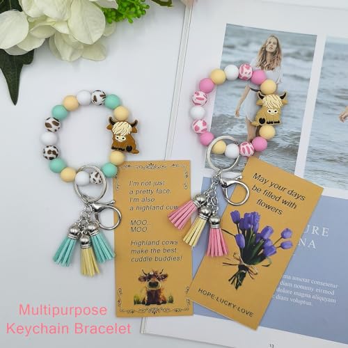 SHINYHARBOR Silicone Beaded Wristlet Keychain Bracelet,Key Wrist Keychains for Women Mom Teachers Best Friend - color: Cow-green