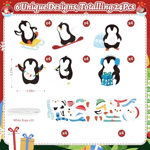 PAIVSUN 24Pcs Christmas Craft Kits, DIY Penguin Stickers Cutouts Ornaments Kit, Make Your Own Christmas Craft for Xmas Tree Decorations Winter Party Handcraft Supplies - style: Penguin