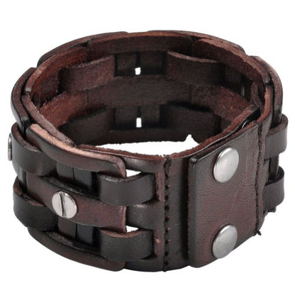Zysta Cool Punk Rocker Wide Cuff Wristband Bracelet Mens Gothic Biker Braided Style Genuine Leather Bangle 8.5"-9" Adjustable Black/Brown - color: Brown