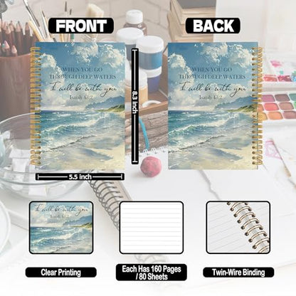 Ocean Christian Spiral Notebook, Coastal Bible Journaling Notebooks for Women Men, Religious Beach Hardcover Journals for Office 160 Pages 5.5 x 8.3 Inch, Scripture Gifts for Women Faith - color: Scenery03