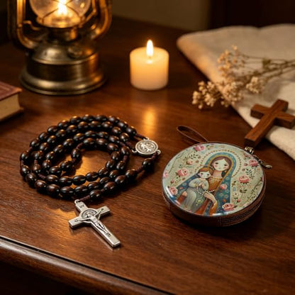 Wooden Catholic Rosary Beads, Rosarios Catolicos with Decorative Prayer Box - color: Brown (1)