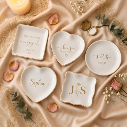 Personalized Jewelry Dish with Initials & Date, Custom Ring Dish for Engagement Rings, Bridesmaid Gifts, Bridal Shower Wedding Gift for Bride, Birthday Graduation Gift for Her Mom - color: Engagement Ring Dish