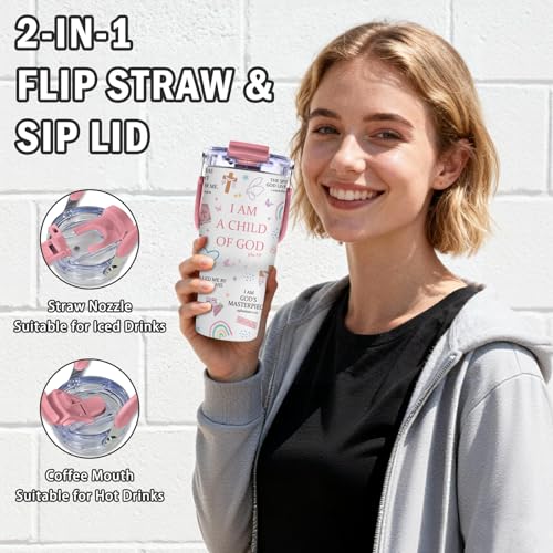 Christian Gifts for Girls Women, 20oz I Am Child of God Stainless Steel Tumbler with Top Handle and Flip Straw Lid, Inspirational Religious Birthday Gifts for Women Catholic Travel Cups, Pack of 1 - color: I am a child of God01