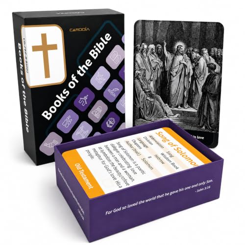 CARDDIA | Books of The Bible Flash Cards | Woodcut Illustrations, Color-Coded Divisions & Key Facts | Perfect for Bible Study, New Christians & Meaningful Christian Gifts