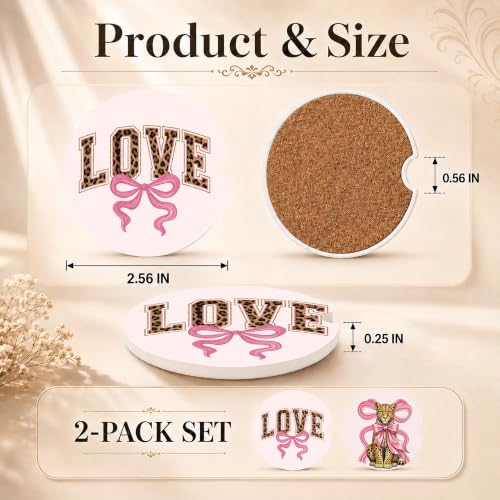 Pink Car Coasters Set of 2, Cute Cheetah Bows Car Ceramic Accessories, 36 - color: Cute Cheetah Bows