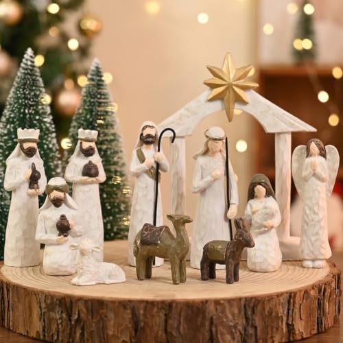 AOMOONOA White Nativity Set, Resin Small Christmas Nativity Figurine - color: Classic White