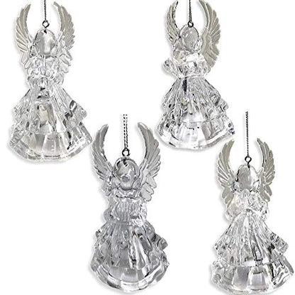 Lighted Acrylic Angel Christmas Ornaments Set of 4, Clear LED Angel Figurines with Reading Book, Horn, Harp & Praying Designs, 4.25 Inch Hanging Angel Tree Decorations, Religious Holiday Décor