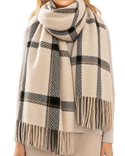 Loritta Winter Scarf for Women, Long Plaid Shawl Wraps Scarves Gifts - color: U-beige Black Striped Lattice