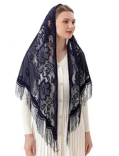 PAMOR Triangle Catholic Church Veil Chapel Veil Scarf Mantilla Veils Wrap Shawl Mass Head Covering with Fringe Trim - color: Navy Blue