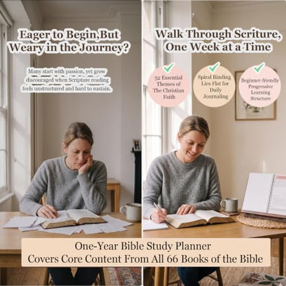 52-Week Bible in a Year Spiral Bible Study Guide Notebook Journal Planner - color: Muted Blush 52‑Week (Canonical Narrative)