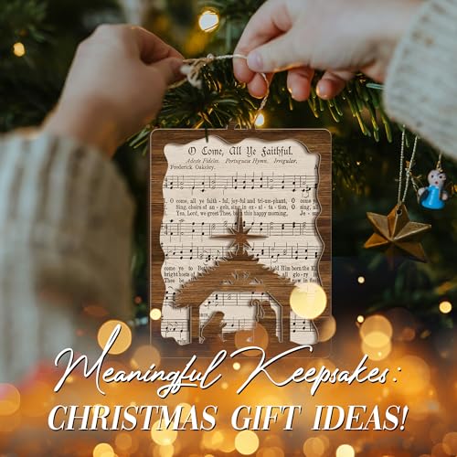 Nativity Hymn Ornament “O Come, All Ye Faithful” – Wooden Christmas Tree Decoration with Hymn Sheet & Holy Family Silhouette Ornament – Christian Holiday Keepsake & Religious Gift