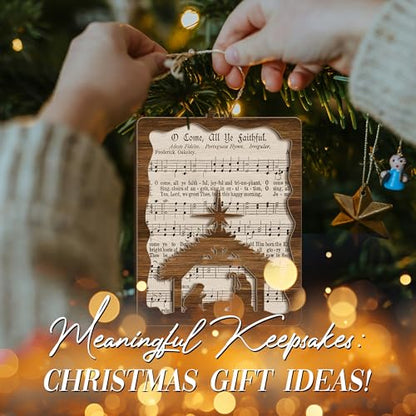 Nativity Hymn Ornament “O Come, All Ye Faithful” – Wooden Christmas Tree Decoration with Hymn Sheet & Holy Family Silhouette Ornament – Christian Holiday Keepsake & Religious Gift