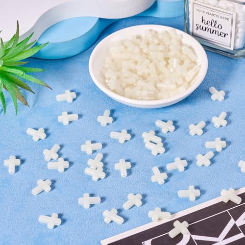 FASHEWELRY 100Pcs Acrylic Cross Beads for Bracelets Glow in the Dark Cross Beads Luminous Crucifix Rosary Spacer Easter Beads for DIY Jewelry Making Necklace Bracelet Earring - color: Cross-Cream White
