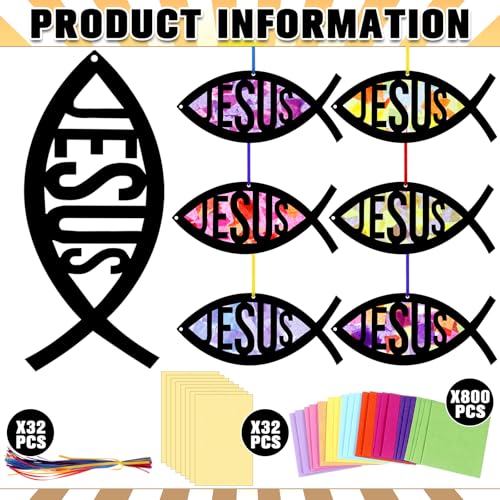 Motipuns 32 Sets Christian Fish Suncatcher Kits for Sunday School VBS Kids - style: Religious Fish