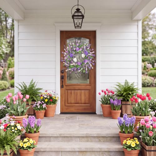 Sggvecsy Spring Summer Wreath for Front Door 22 Inch Artificial Purple Flower Wreath with Tulips Greenery Leaves Lavender for All Seasons Home Farmhouse Indoor Outdoor Wall Decor (Purple) - color: Purple and White