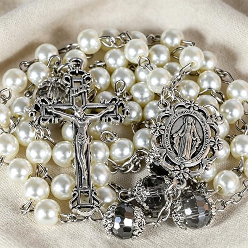 Handmade Rosary Beads for Women, Elegant Catholic Gifts for First Communion, Confirmation & Spiritual Prayer, Unique Beaded Rosary Necklace with Zippered Case - color: White - Our Lady Virgin Mary