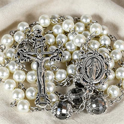 Handmade Rosary Beads for Women, Elegant Catholic Gifts for First Communion, Confirmation & Spiritual Prayer, Unique Beaded Rosary Necklace with Zippered Case - color: White - Our Lady Virgin Mary