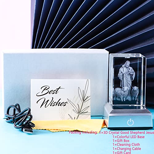 YWHL 3D Crystal Good Shepherd Statue with Colorful Base Laser Engraved Jesus Figurine for Religious Gifts for Women Men on Christmas, Christian Catholic Church Keepsakes - color: The Good Shepherd Jesus and the Lamb