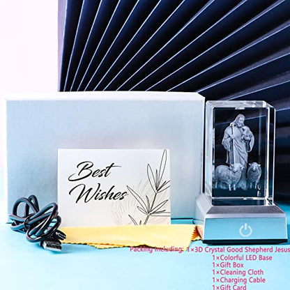 YWHL 3D Crystal Good Shepherd Statue with Colorful Base Laser Engraved Jesus Figurine for Religious Gifts for Women Men on Christmas, Christian Catholic Church Keepsakes - color: The Good Shepherd Jesus and the Lamb