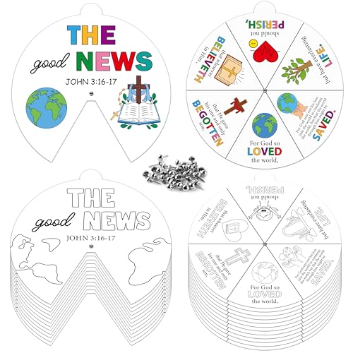 COcnny Religious Christian Craft Activities - 24 Sets John 3:16 Coloring Crafts for Kids, Color Your Own Bible Wheel Cards, DIY Jesus Biblical The Good News Art Paper Game for Sunday School Class Home - style: The Good News