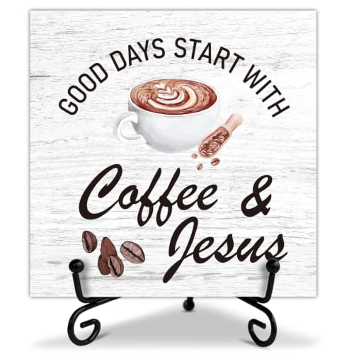 Coffee Bar Sign, Coffee Station Decor Bible Gift for Women Friends, Desk Decorations for Home Office, Wooden Plaque With Stand-TJ31 - style: Coffee and Jesus