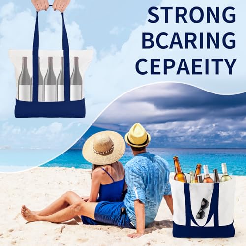 2-Pack Canvas Tote Bags and Makeup Bags, Cotton Zipper Bag, Navy Blue - color: Navy Blue/White