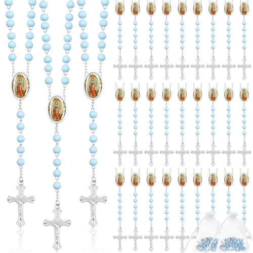 Taiyin 36 Pcs Wooden Bead Rosary Necklace with Crucifix and Our Lady of Guadalupe Scented First Communion Rosary with 36 Organza Bags Baptism Favors Catholic Gift for Men Women - color: Light Blue